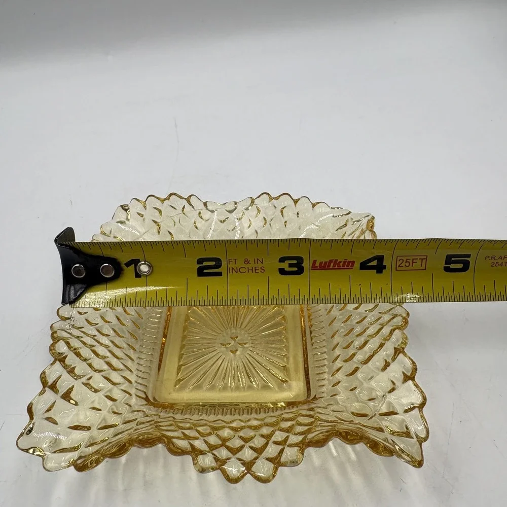 MCM Federal Glass‎ Amber Square Shape Diamond Point Ruffled Candy/Trinket Dish
